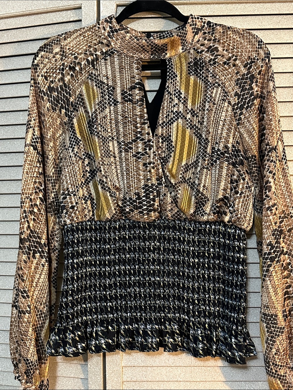 Anthropology Foxiedox Snake-Print Peplum Blouse in Brown and Gold